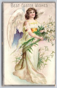 Clapsaddle Easter~Beautiful Angel Lady Holds Big Armfuls of Lilies~Spread Wings