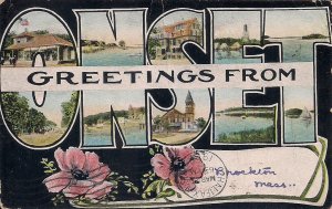 Onset, Cape Cod MA, Greetings, Multiview, Beach Rose, 1908, Large Letter