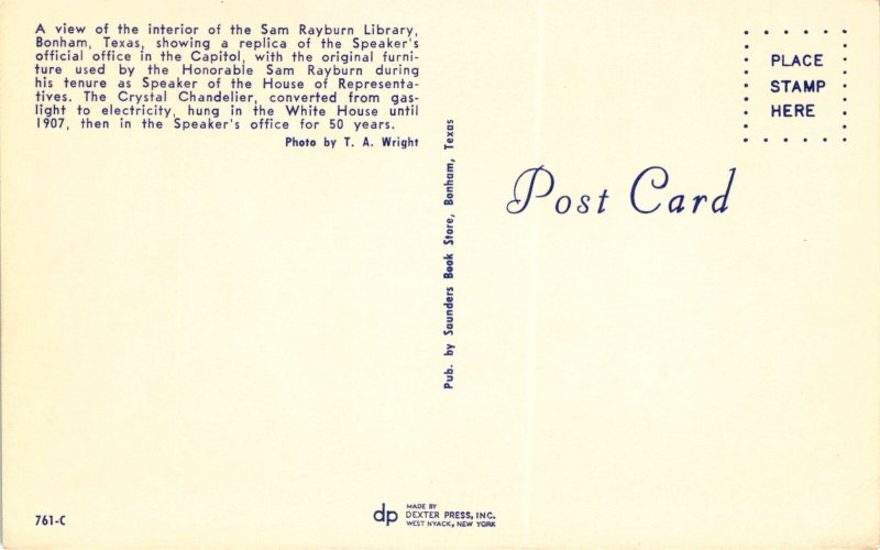 Sam Rayburn Library, Bonham, Texas, Speaker's official office, Postcard