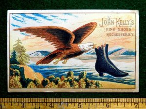 1870s-80s Lovely John Kelly's Fine Shoes, Bald Eagle Holding Shoe Trade Card F25