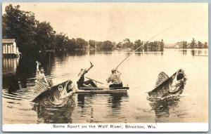 SHIOCTON WI WOLD RIVER EXAGGERATED FISHING ANTIQUE REAL PHOTO RPPC CORK STAMP