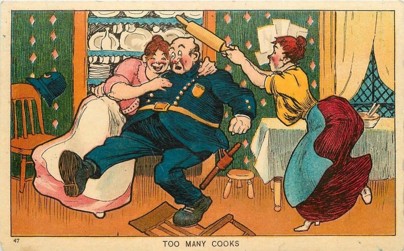 Postcard C-1910 Police too many cooks women comic Humor Bien 23-3279 