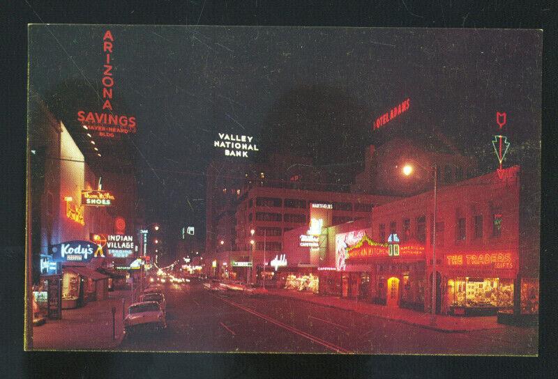 PHOENIX ARIZONA DOWNTOWN STREET SCENE AT NIGHT 1950's CARS POSTCARD