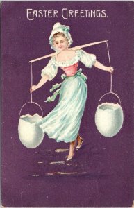 Vintage EASTER GREETINGS  Woman~Milkmaid's Yoke~Egg Baskets  ca1910's Postcard