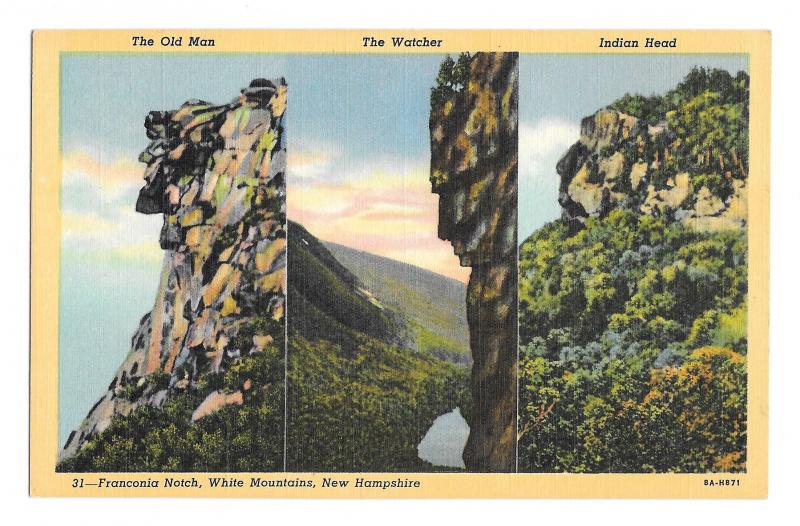 Franconia Notch Multiview Postcard Three Rock Faces Old Man Watcher Indian Head