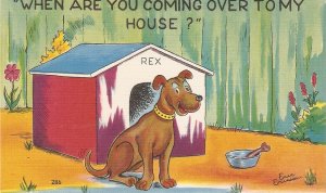 Comic dog. When are you coming over..... Humorous american Linen Postcard