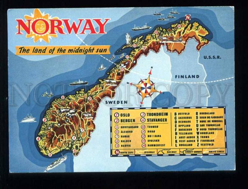 210087 NORWAY MAP land of midnight sun old postcard