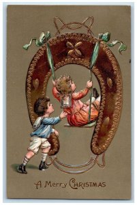 c1910's Christmas Good Luck Horseshoe Children Swing Carpinteria CA Postcard 