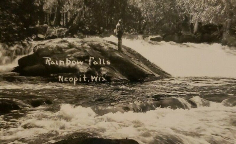 Vintage Postcard Rainbow Falls Neopit Wisconsin fly fishing river rapids   764