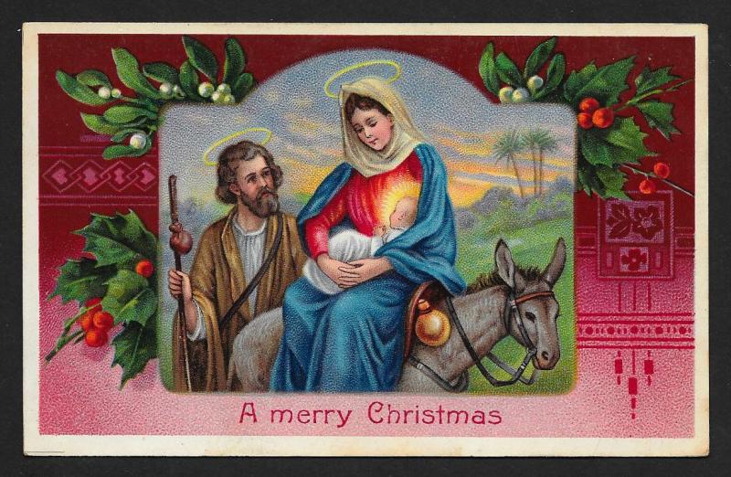 Merry Chirstmas Donkey Mary Joseph Baby & Holly Unused c1910s