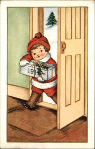 New Year Child Little Boy with Package Gift 1914 Vintage Postcard
