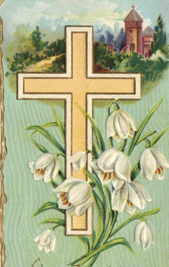 Cross and Coral Bells Easter Greeting Vintage Postcard