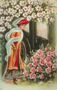 S/A Postcard Ryan Art Nouveau Woman Walk To Car Covered in Flowers A298 Embossed