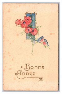 Flower Bouquet Poppies Birds Bonne Annee Happy New Year UNP DB Postcard N24