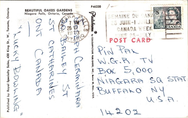 Oakes Gardens Niagara Falls Ontario Canada Postcard PM Cancel WOB Note  