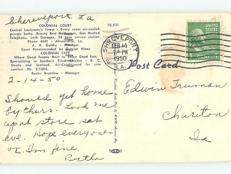 Linen COLONIAL COURT MOTEL AND RESTAURANT Alexandria Louisiana LA M6141