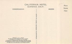 GLENDALE, CA California   CALIFORNIA HOTEL  Roadside   c1940's Linen Postcard