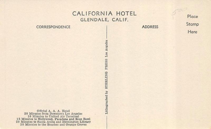 GLENDALE, CA California   CALIFORNIA HOTEL  Roadside   c1940's Linen Postcard