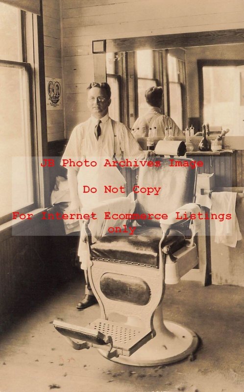 WA, Quilcene, Washington, RPPC, Barber Shop Interior, O.H.P. Standing by Chair