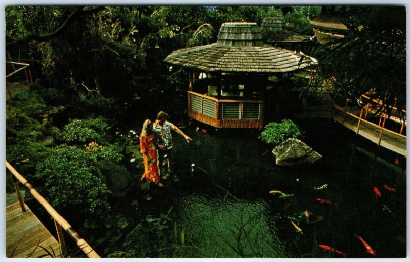 c1970s Waikiki, HI Pagoda Floating Garden Restaurant Man Girl Stroll Chrome A332