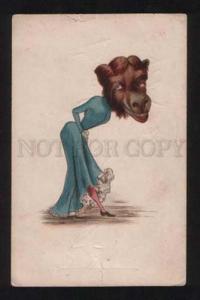 055533 Lady w/ ANIMAL Head Fantasy Vintage LITHO PC