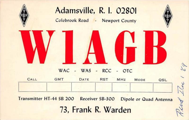 Adamsville, R.I. W1AGB, 73, Frank R. Warden, Transmitter, Receiver, Dip...