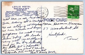 1946 LESLIE HOTEL MIAMI BEACH FLORIDA FL ART DECO OCEANFRONT LINEN POSTCARD