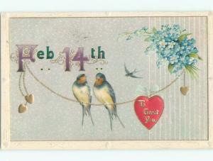 Pre-Linen valentine FEBRUARY 14TH DATE PLUS BIRDS ON GOLD CHAIN WITH HEART J0885