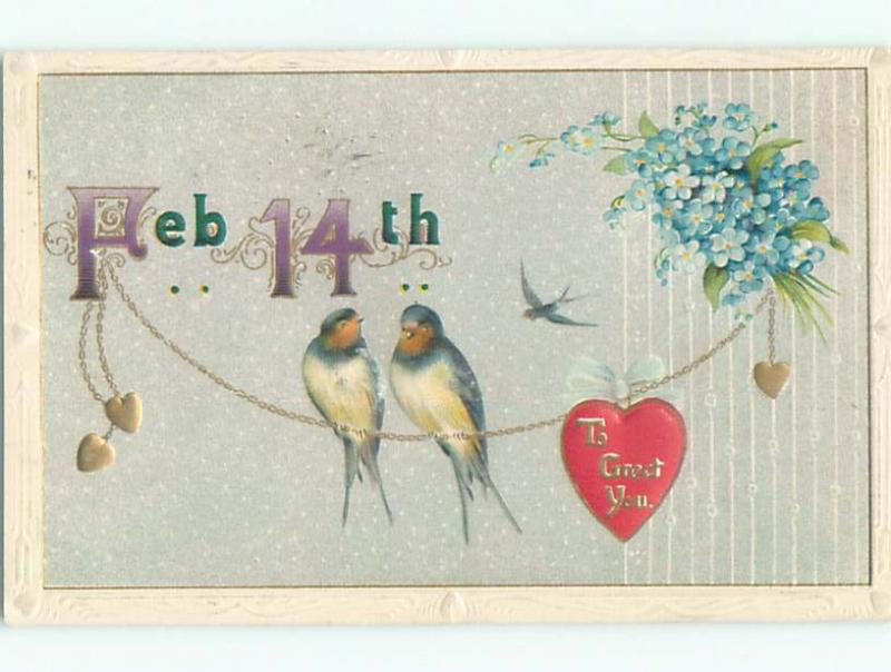 Pre-Linen valentine FEBRUARY 14TH DATE PLUS BIRDS ON GOLD CHAIN WITH HEART J0885