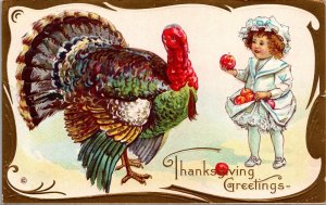 Thanksgiving Postcard Little Girl Holding Apples in Dress Skirt with Turkey