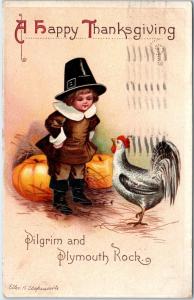 HAPPY THANKSGIVING  1914   Postcard Signed CLAPSADDLE Pilgrim Child Pumpkins