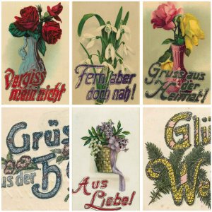 Lot of 6 glitter flowers greetings postcards Germany World War 1914-1918