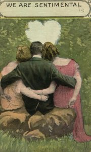 Vintage Postcard 1913 We Are Sentimental Love Man Holding Two Woman