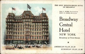 New York City NYC NY Broadway Central Hotel c1910 Vintage Postcard