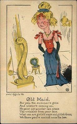 VINEGAR VALENTINE Old Maid Old Woman in Fancy Clothes c19...