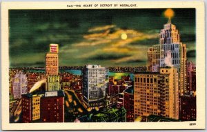 1940's The Heart Of Detroit By Moonlight Michigan MI Buildings Posted Postcard