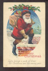 LARGE SANTA CLAUS CHIMNEY RED ROBE VINTAGE CHRISTMAS POSTCARD XMAS SEAL