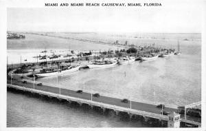 Miami Florida~Miami Beach Causeway Aerial View~Ships @ Dock~Bus & Cars~1940s Pc