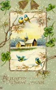 c.1910s Lovely Birds Bells 4 Leaf Clover Gel German New Year Postcard F74