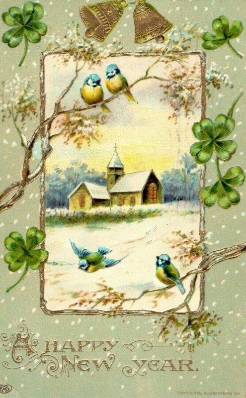 c.1910s Lovely Birds Bells 4 Leaf Clover Gel German New Year Postcard F74