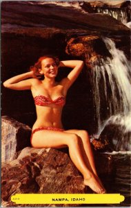 Pretty Girl by Waterfall in Red Bandana Bikini Nampa Idaho Postcard