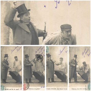 Men and umbrella scenes set of 5 vintage real photo postcards France 1904