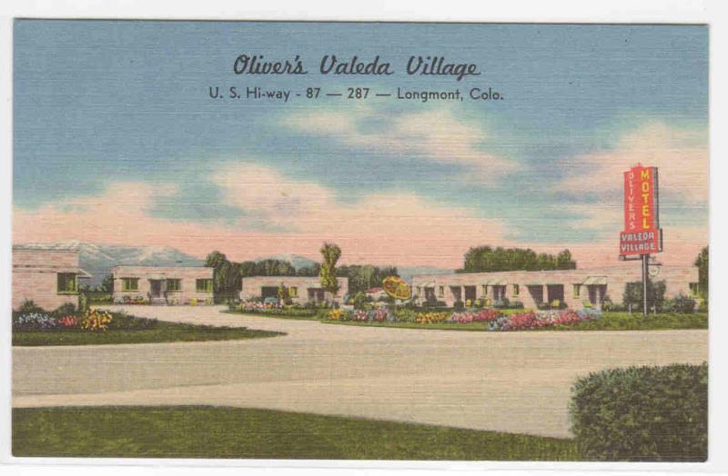 Oliver's Valeda Village Motel US 87 Longmont Colorado linen postcard