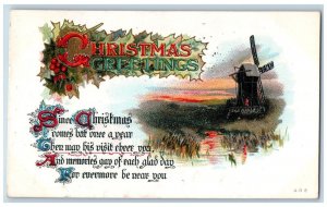 Cincinnati Ohio OH Postcard Christmas Greetings Windmill Holly Berries Embossed