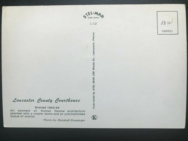 Vintage Postcard 1960's Lancaster County Courthouse Lancaster