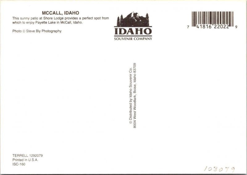 McCall, ID Idaho SHORE LODGE PATIO Payette Lake~Boat Docks ROADSIDE 4X6 Postcard