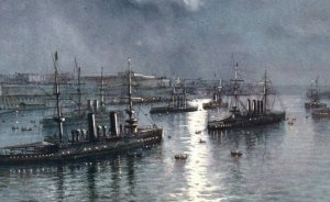 Raphael Tuck Malta Series Grand Harbour Battle Cruisers Moonlight c.1910s