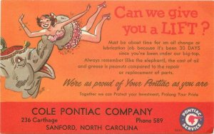 Postcard North Carolina Sanford 1940s Cole Pontiac Auto Repair Elephant 22-13992