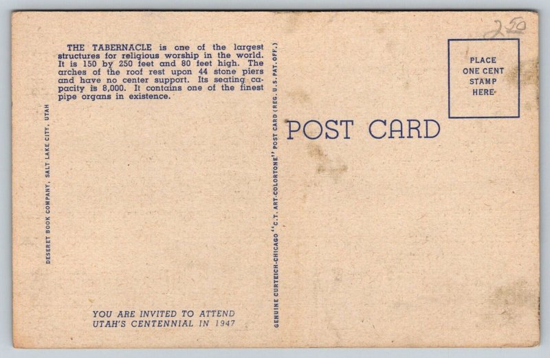 Salt Lake City   Utah   Mormon  Tabernacle  Postcard