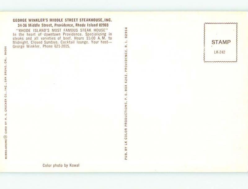 Unused Pre1980 WINKLER STEAKHOUSE RESTAURANT Providence RI s0494 United States Rhode